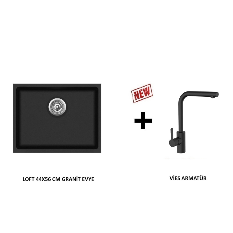 VİVİANO LOFT 44x56 CM 1 GÖZ SİYAH GRANİT EVİYE + VİES ARMATÜR