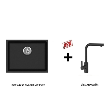 VİVİANO LOFT 44x56 CM 1 GÖZ SİYAH GRANİT EVİYE + VİES ARMATÜR
